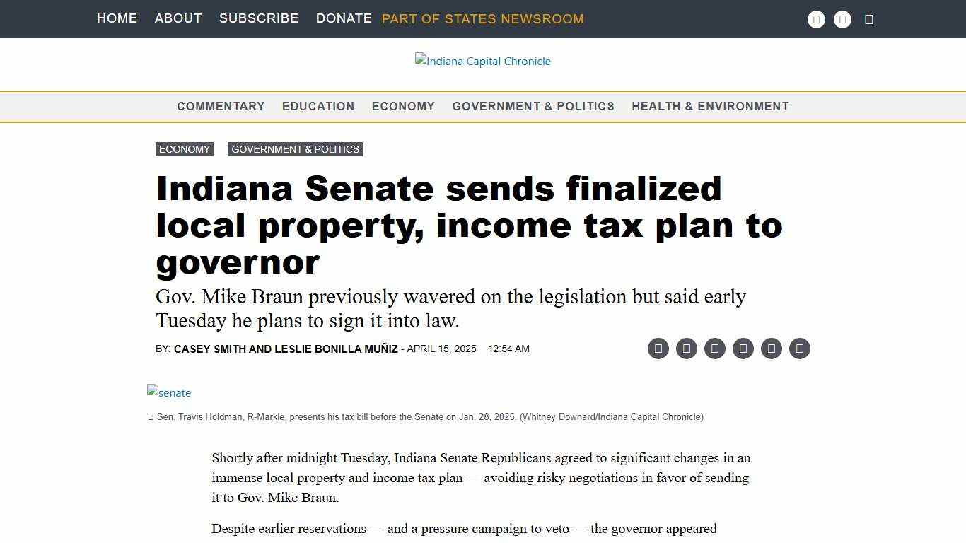 Indiana Senate sends finalized local property, income tax plan to governor • Indiana Capital Chronicle